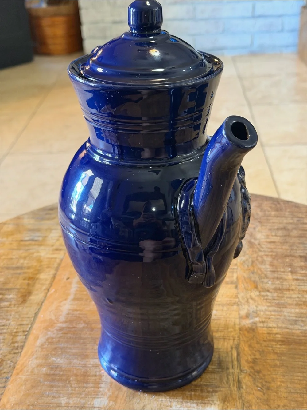Italian Cobalt Blue Ceramic Teapot Kettle, Raised Grape Fruit Floral Pottery